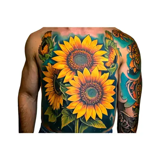 Create A Manly Colored Bouquet Of Sunflower Tattoo On Men Half Chest Design