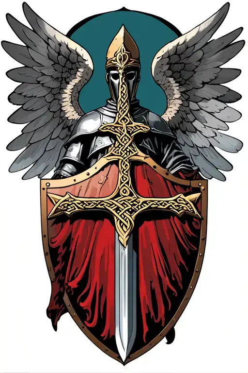 Celtic Knight With Wings And Sword With Cross Shield