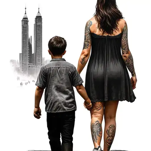 Mother And Son Walk Hand In Hand Through The City