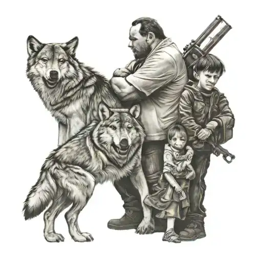 A Large Man Protecting Two Kids From A Dangerous Wolf
