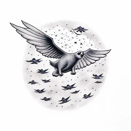 Flying Birds Forming A Cat Silhouette Against A Starry Night Sky