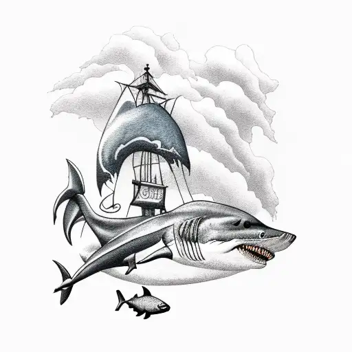 A Pirate Ship Battling A Giant Shark In A Stormy Sea