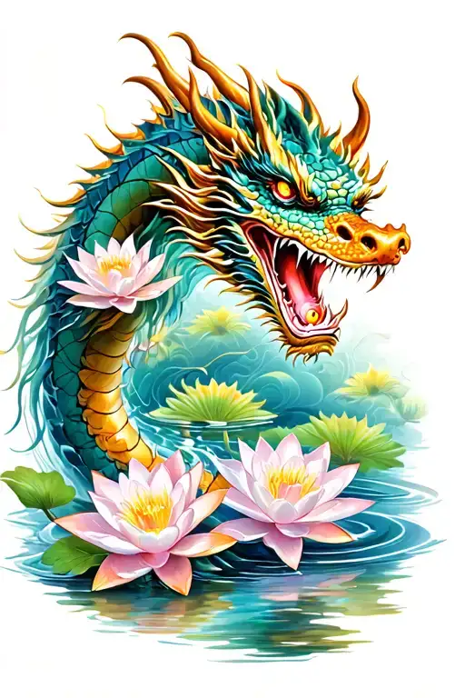 Chinese Dragon And Water Lilies Blooming Along