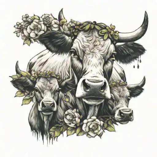 Mother Cow Wearing A Flower Crown With Two Calves Laying Down