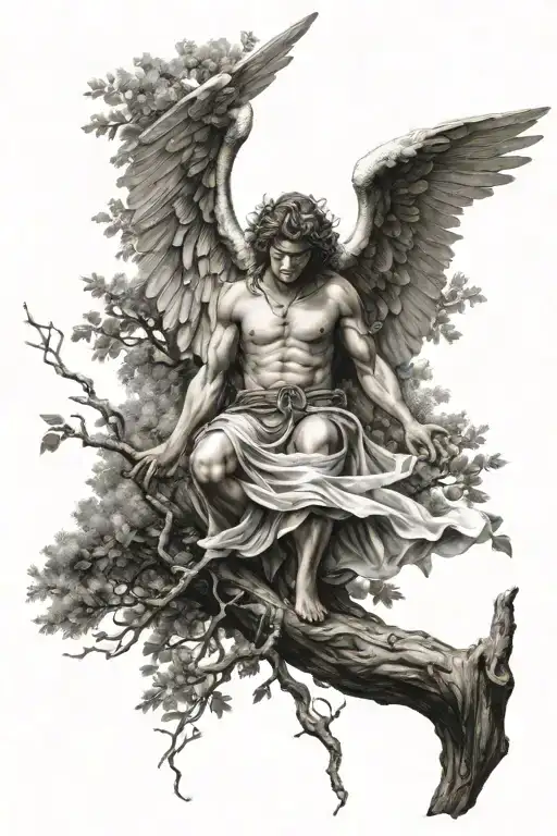Floating Angel Warrior Wings Hugging A Tree Tattoo Design