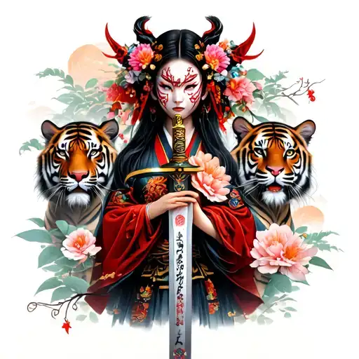 Japanese Girl With Sword And Flowers Oni Mask Surrounded Tigers And Temples