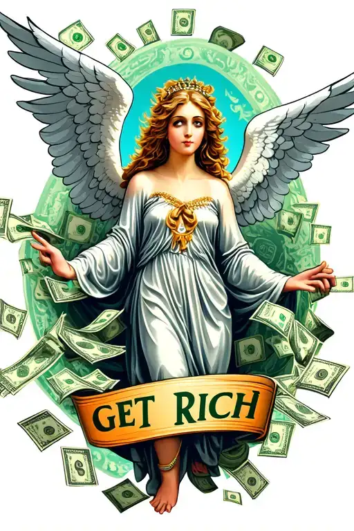 Angel With Money And Signs Of Dollar With Phrase Get Rich
