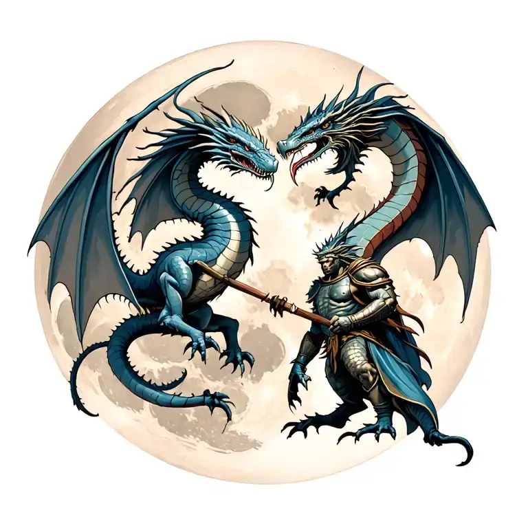 Spartan And The Dragon Against The Background Of The Moon