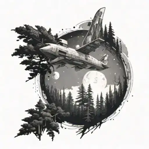 An Intricate Dotwork Tattoo Of A Spacecraft Soaring Over A Dense Forest On An Uncharted Planet