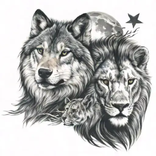 Grey Wolf And Lion With Cresent Moon And Star Above