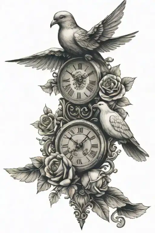 Clock And Dove And Roses And Roman Numerals 86