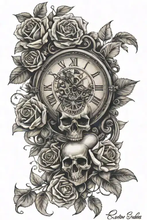 Clock And Skull And Roses