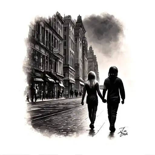 Mother And Son Walk Hand In Hand Through The City