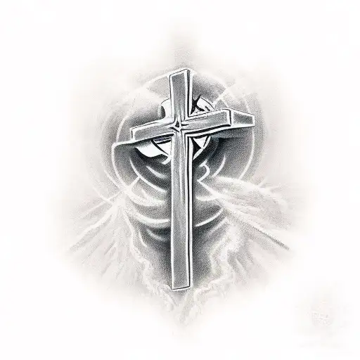 A Rosara With A Cross Above It That Says Gods Son In Brick Like Font