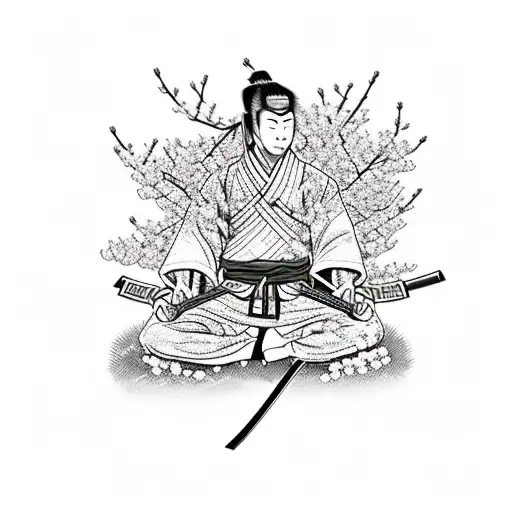 Samurai Warrior Meditating In A Garden Of Cherry Blossoms Thinking Abour War