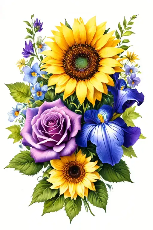 Sunflower Rose Honeysuckle Violet Iris Primrose Bouquet