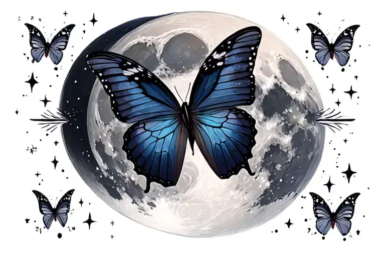 Butterfly Flying In Front Of The Moon With Celestial Elements