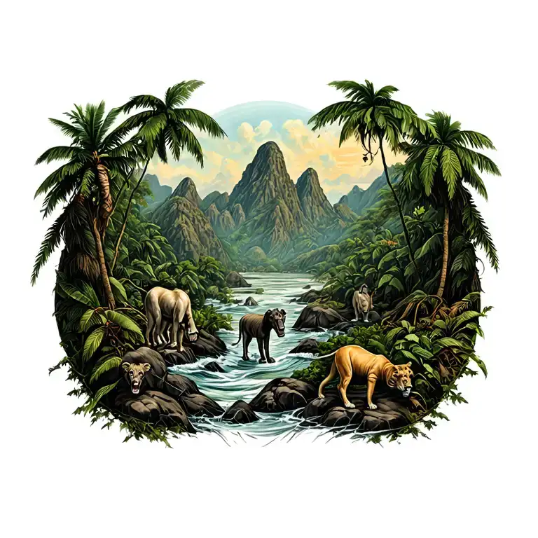 Jungle Scene With Mountains And Animals Hidden Within