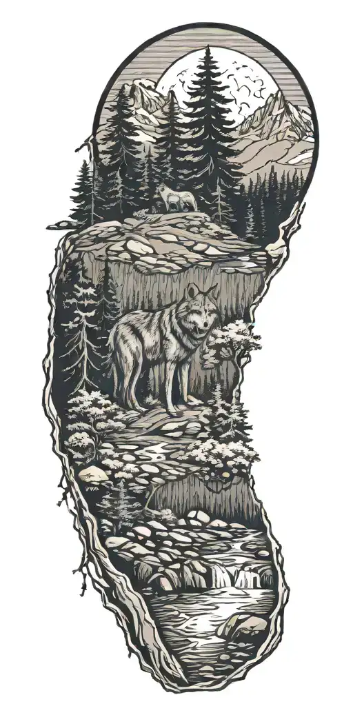 River Flowing Through A Forest Leading To A Mountain With A Wolf