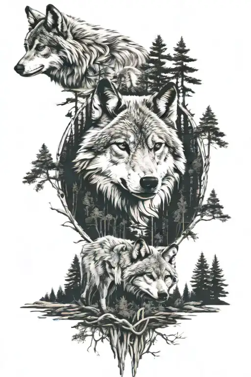 Big Wolfhead And A Forest Landscape With A Wolf Wandering With Two Cubs