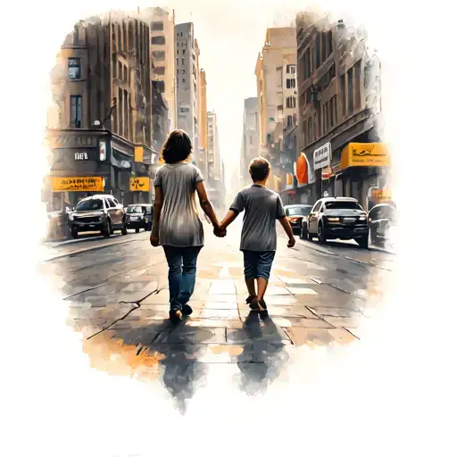 Mother And Son Walk Hand In Hand Through The City
