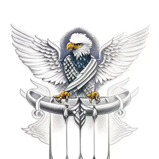 Bald Eagle With Wings Sitting On A Sword
