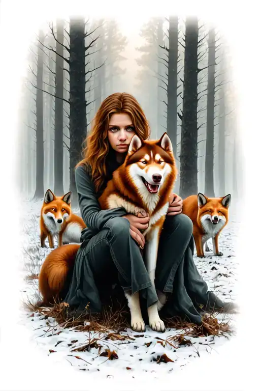 Woman With Red Husky Cuddling Her Lap Foxes In Background Scary Forest Fog Animals In Background War