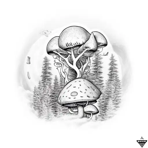 A Ufo Hovering Over A Forest Filled With Mushrooms And Cats