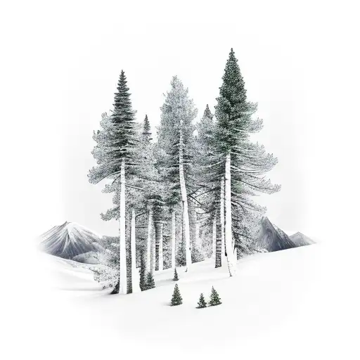 3 Pine Trees And 2 Birch Trees With A Mountain In The Background