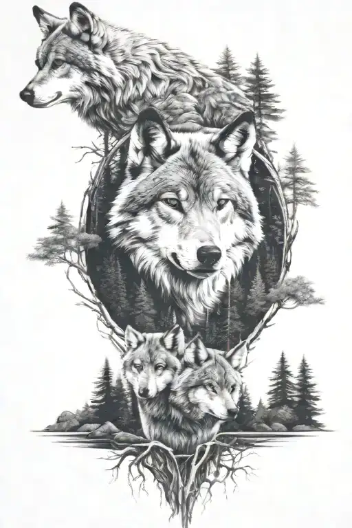 Big Wolfhead And A Forest Landscape With A Wolf Wandering With Two Cubs