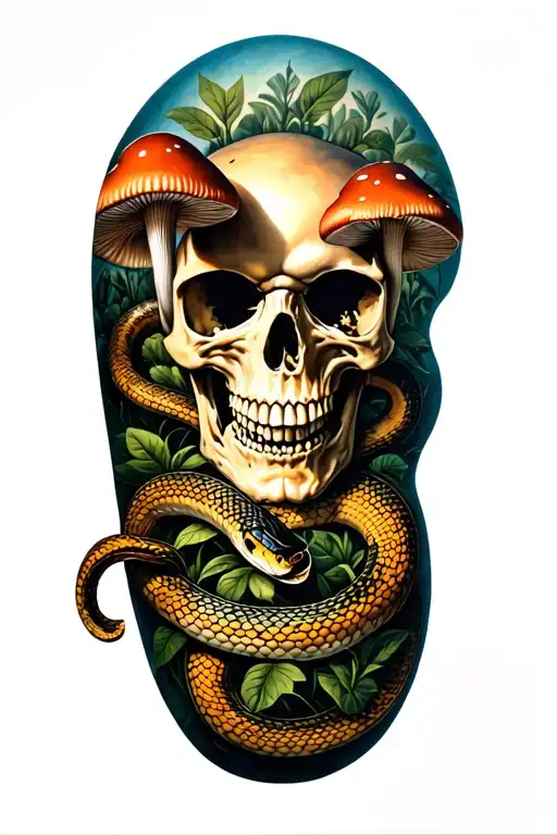 Skull With Mushrooms Growing Out And A Snake Wrapped Around Bicep