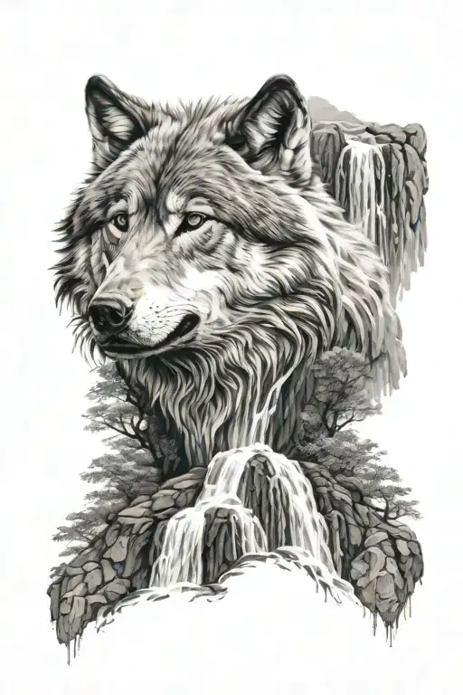 Wolf Head And Waterfall Cascading