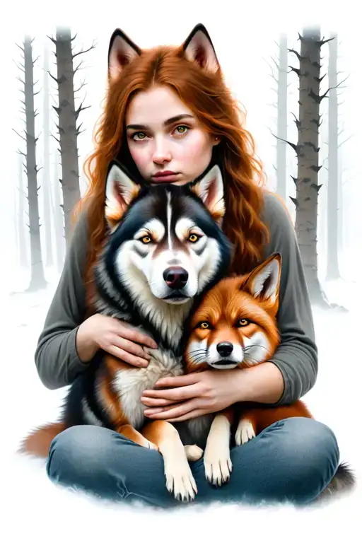 Woman With Red Husky Cuddling Her Lap Foxes In Background Scary Forest Fog Animals In Background War