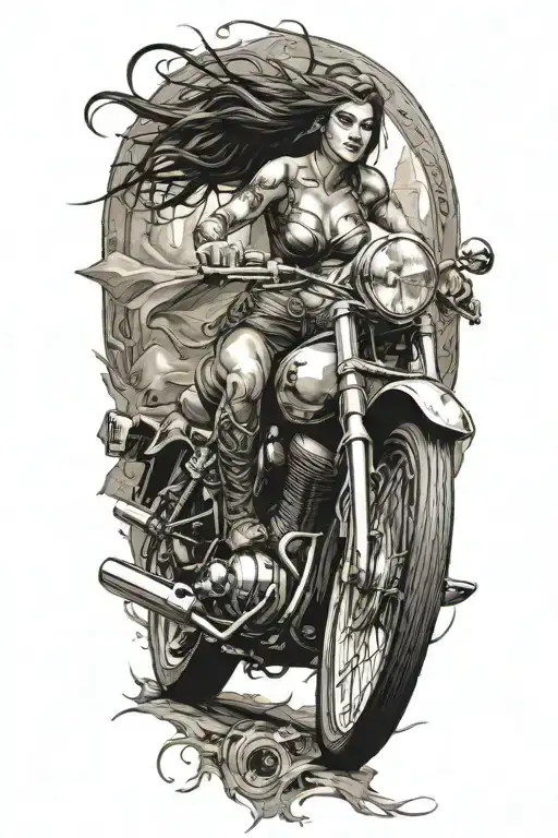 Warrior Woman Riding Motorcycle Speeding Along