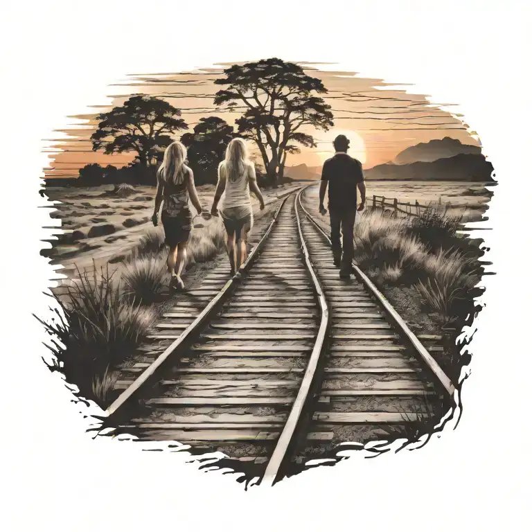 Tattoo Of A Couple Walking Along Train Tracks And A Winding Path Towards A Glowing Sunset