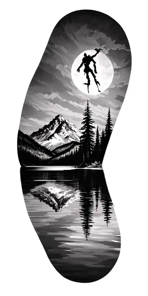 A Silhouette Of A Mountain Range Reflecting In A Tranquil Lake With A Hidden Voodoo Doll