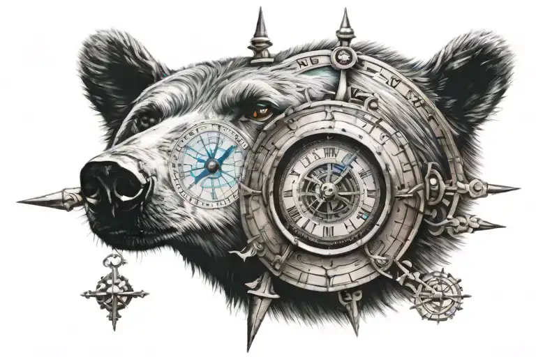 Close Up Of Eye Of Blue Eyed Bear With Clock Hands Around Eye And Compass