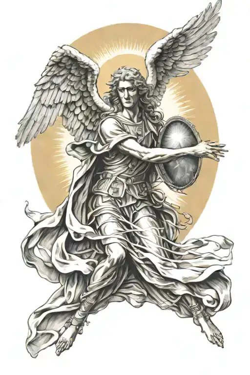 Michael Archangel With Seraphim In The Back Round With Sun Light Rays
