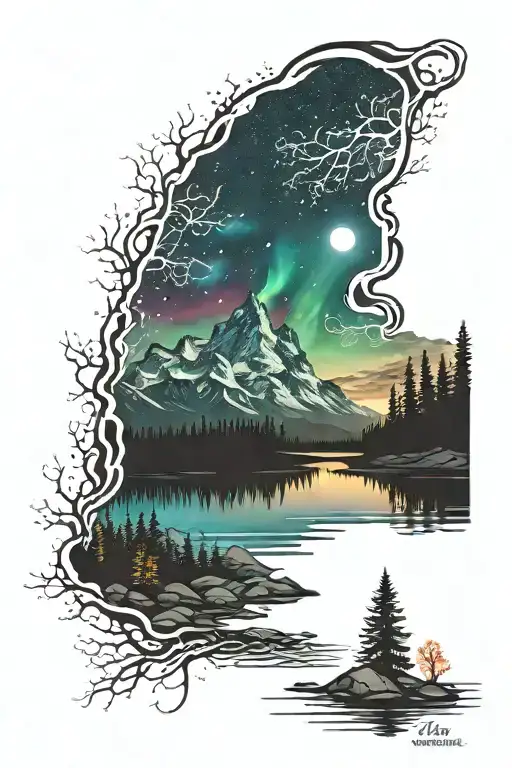 Night Time Mountain Scene With River And Northern Lights