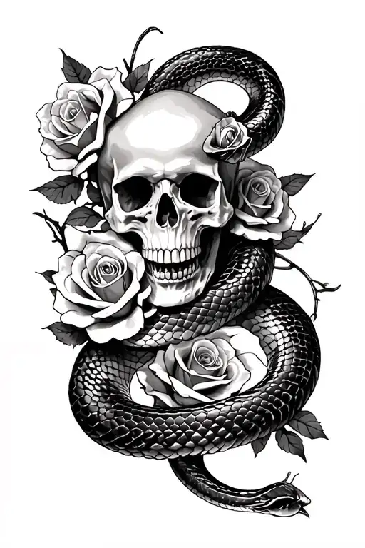 Snake With Roses And Skull Surrounded
