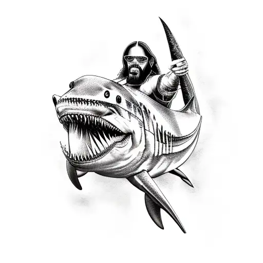 A Realism Style Tattoo Of Macho Man Randy Savage Riding A Shark Through A Wrestling Arena