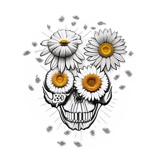 A Field Of Daisies And Sunflowers Forming A Skull Shape