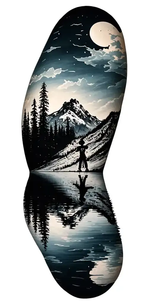 A Silhouette Of A Mountain Range Reflecting In A Tranquil Lake With A Hidden Voodoo Doll