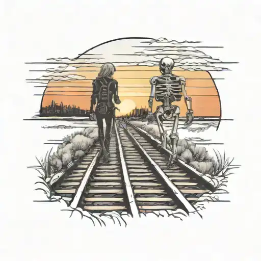 A Skeleton Couple Walking On Train Tracks Towards A Glowing Sunset