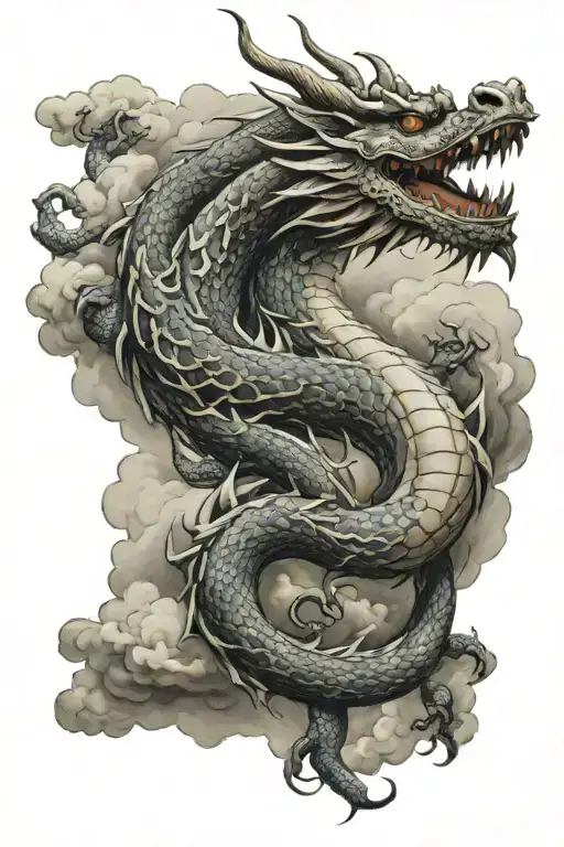 Asian Scary Dragon With Japanese Clouds Around It