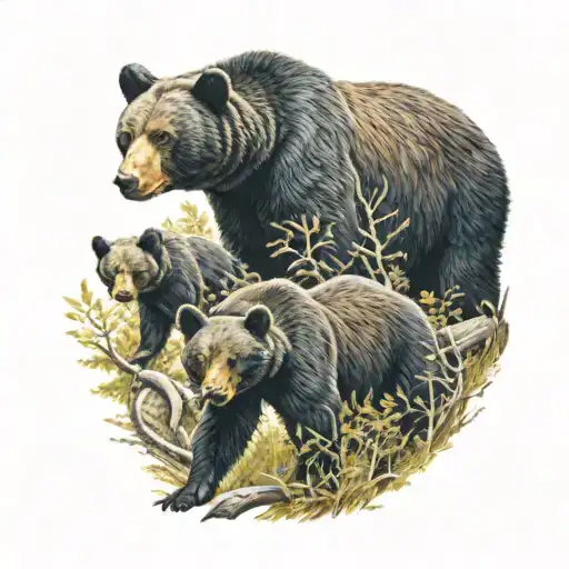 Black Bear And Cubs In Woods In Color