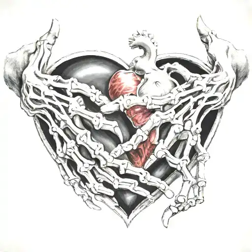 Skeleton Hand And Man Hand Reaching For Real Heart