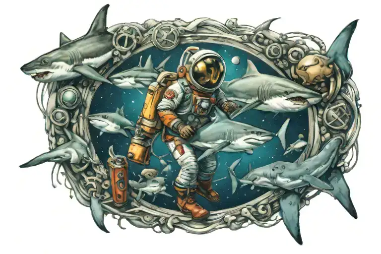 Ocean And Sharks And Space And Cosmonaut
