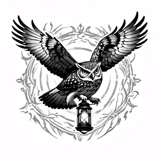 Flying Great Horned Owl With Lantern Shining Light