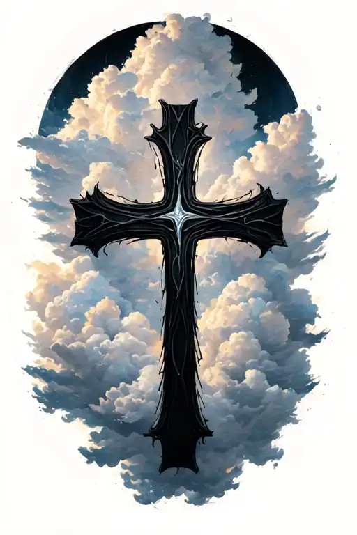 Simple Black Cross In Front Of Clouds Surrounding
